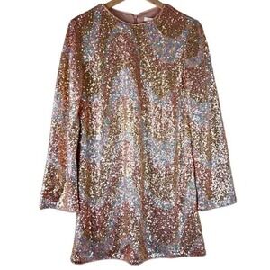 NWT H&M Rose Gold Sequined Long Sleeve Mini Dress Size Medium Party Dress